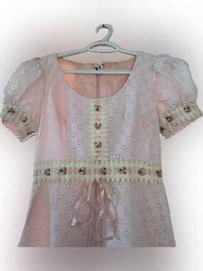 Vintage Handmade Pink Eyelet Lace Party Dress with Floral Trim